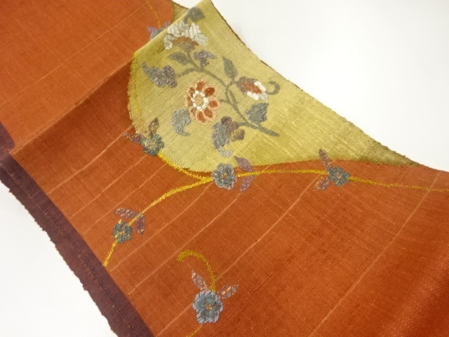 手織り真綿紬横段に花模様織出し名古屋帯